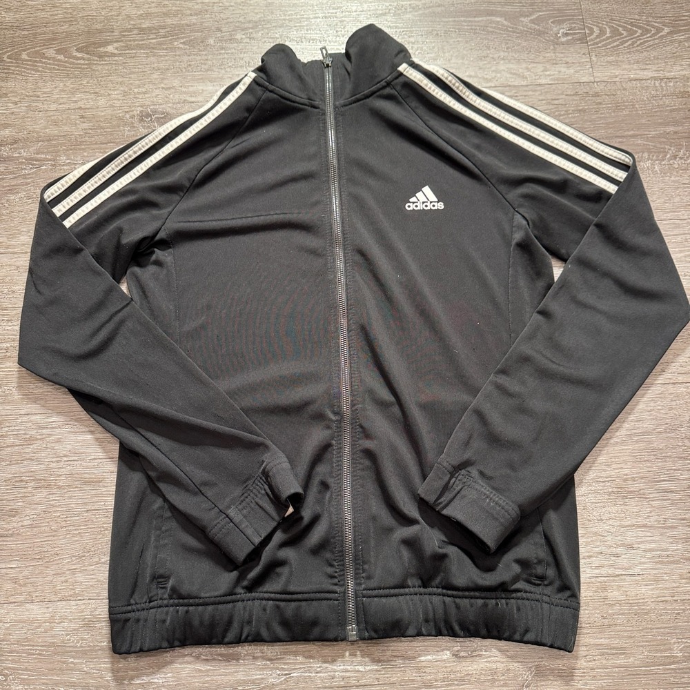 Adidas Track Jacket Womens Medium Black White Stripe Knit Athleisure‎ Sporty